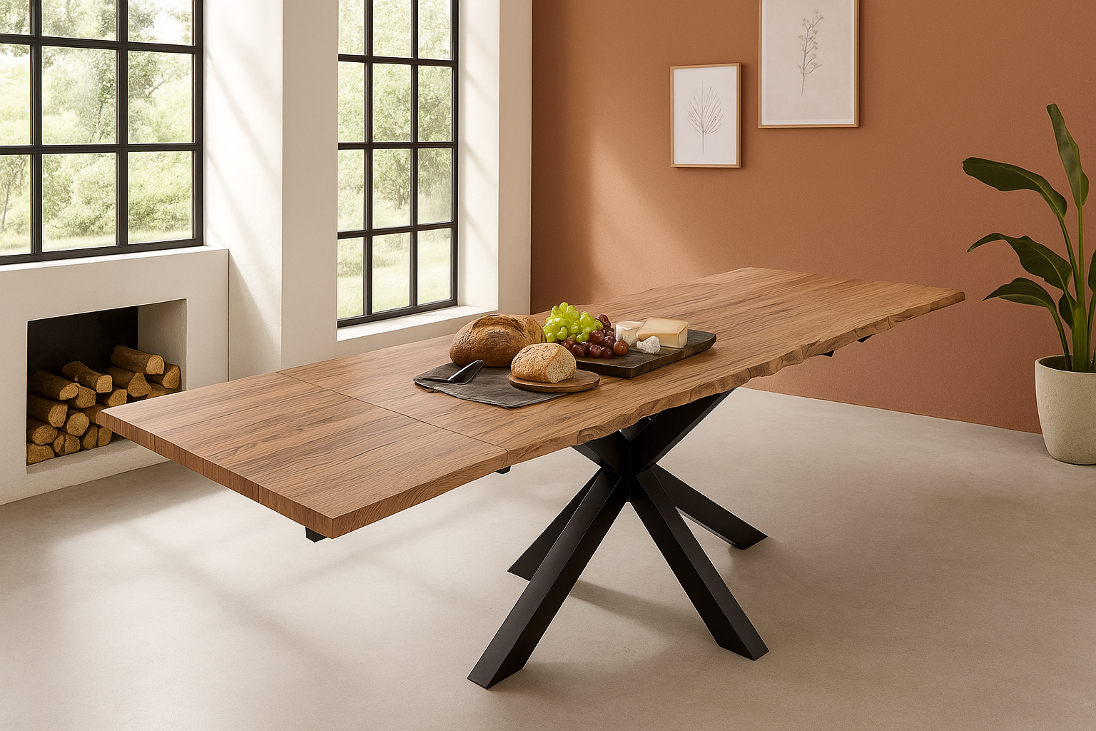 Esstisch Baumkante 160(260)x90 cm mit Ansteckplatten Akazie stone massiv Spider-Gestell schwarz JANOSH