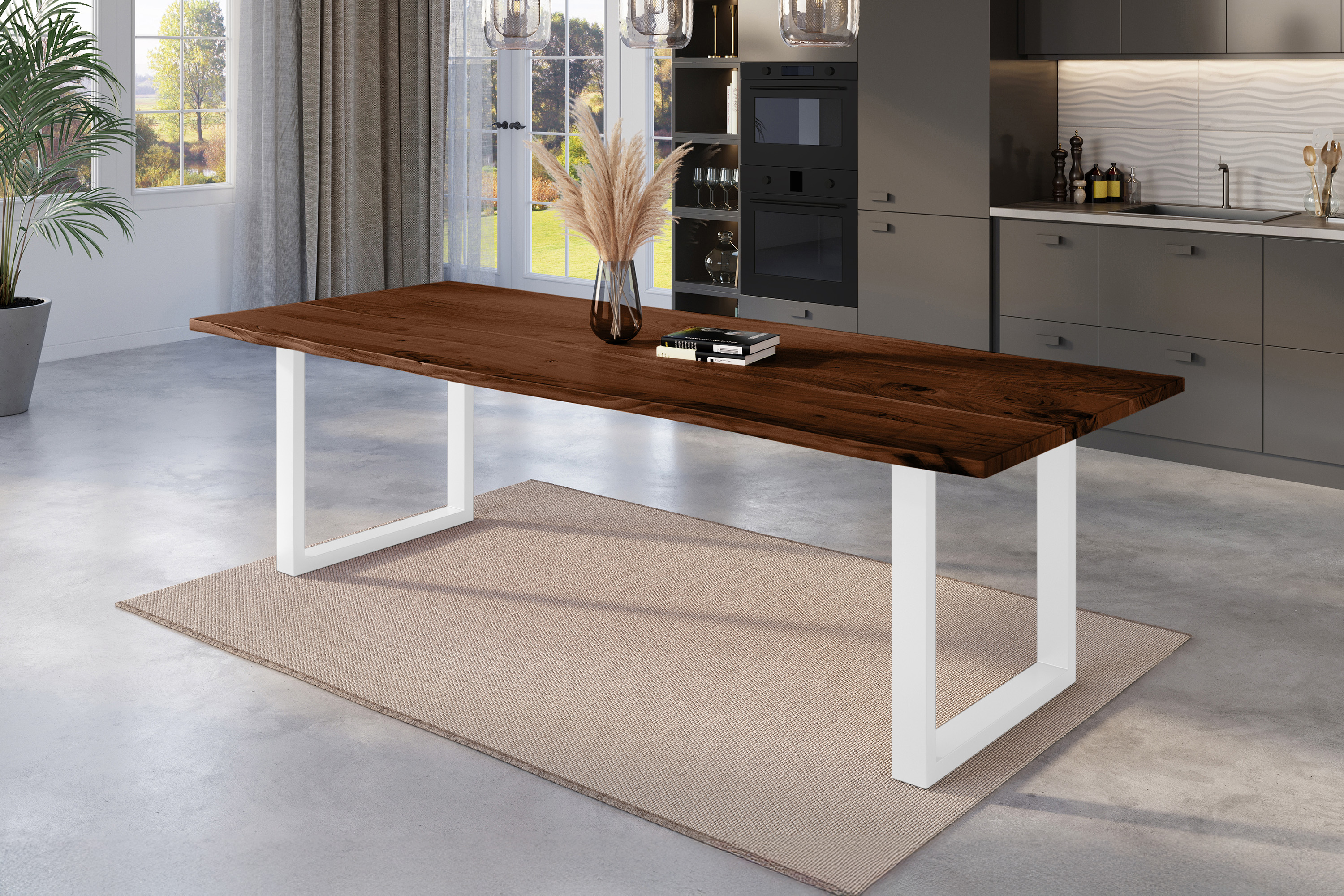 Esstisch Baumkante 300 x 100 cm Akazie nussbaum massiv U-Gestell weiß NICK