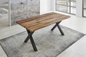 Baumkantentisch 200x100cm Shinafarben lackiert X-Gestell Schwarz LOTTI