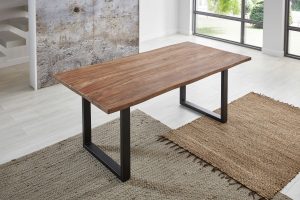 Baumkantentisch 200x100cm Teakfarben gebeizt U-Gestell Schwarz LOTTI