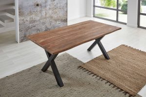 Baumkantentisch 220x100cm Teakfarben  X-Gestell Schwarz LOTTI