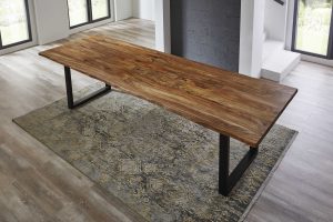 Baumkantentisch 300x100cm Teakfarben gebeizt U-Gestell Schwarz LOTTI