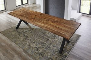 Baumkantentisch 300x100cm Teakfarben  X-Gestell Schwarz LOTTI