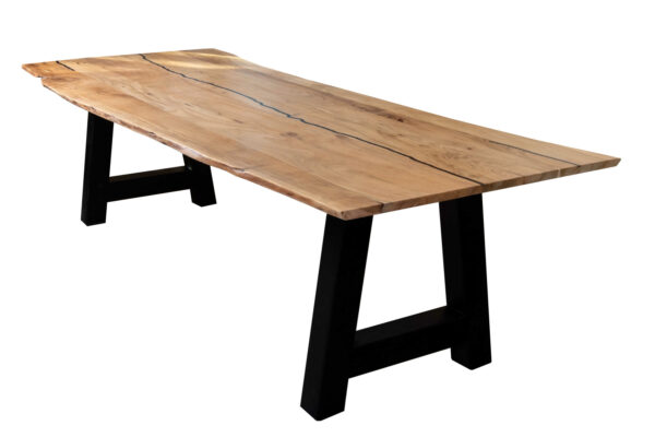 Baumkantentisch Akazie natur mit schwarzen Resin-Adern 220 x 100 cm A-Gestell schwarz POLLY