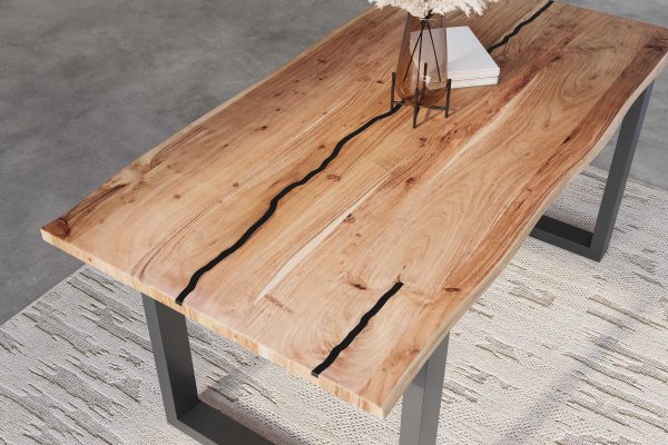 Baumkantentisch Akazie natur mit schwarzen Resin-Adern 180 x 90 cm U-Gestell schwarz POLLY