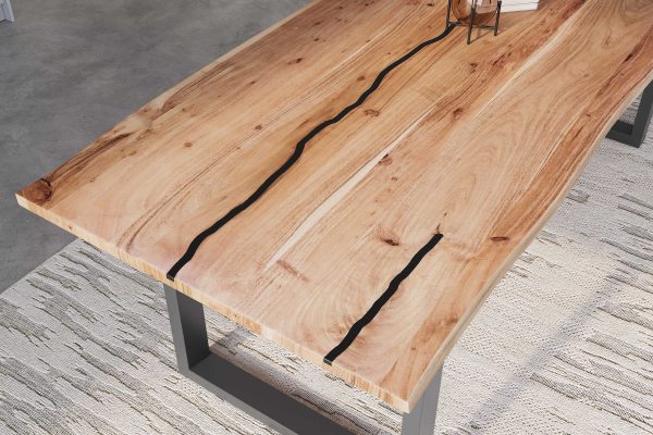 Baumkantentisch Akazie natur mit schwarzen Resin-Adern 260 x 100 cm U-Gestell schwarz POLLY