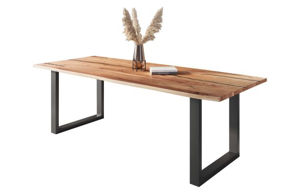 Baumkantentisch Akazie natur mit schwarzen Resin-Adern 300 x 100 cm U-Gestell schwarz POLLY