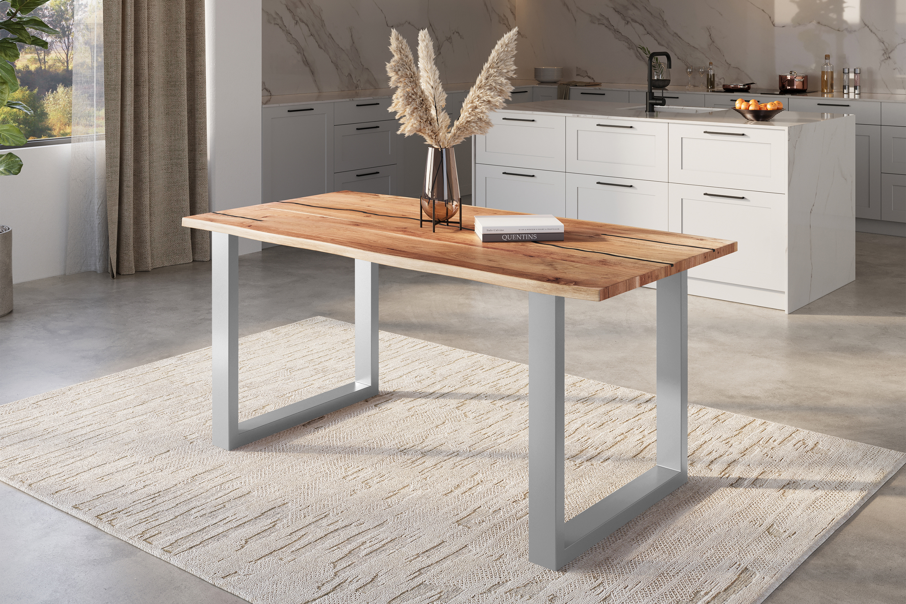 Baumkantentisch Akazie natur mit schwarzen Resin-Adern 140 x 80 cm U-Gestell silber POLLY