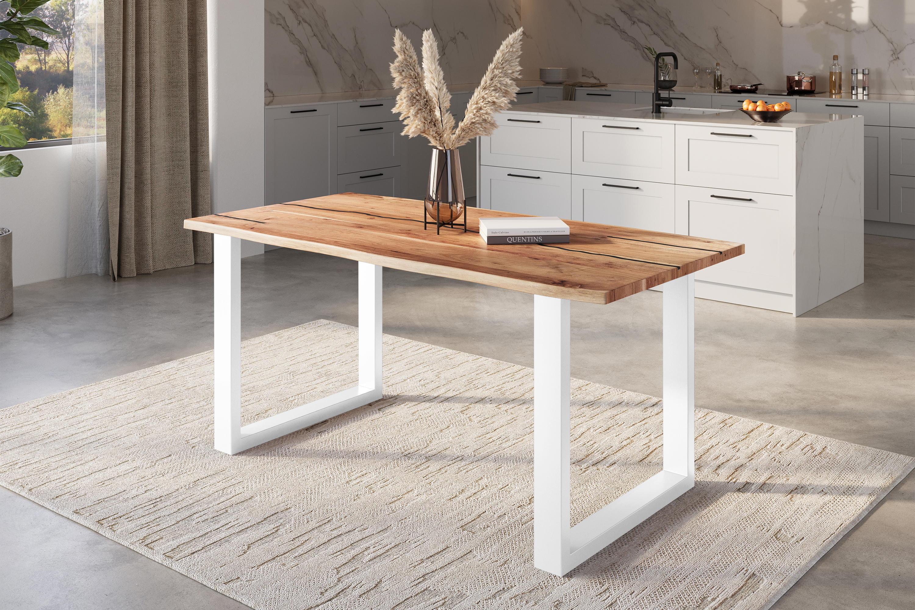 Baumkantentisch Akazie natur mit schwarzen Resin-Adern 140 x 80 cm U-Gestell weiß POLLY