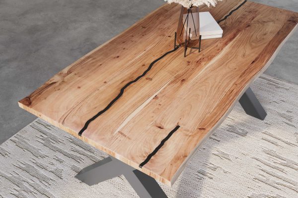 Baumkantentisch Akazie natur mit schwarzen Resin-Adern 160 x 85 cm X-Gestell schwarz POLLY