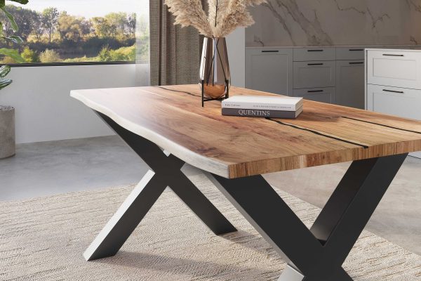 SAM NEU Esszimmer Baumkante Tische Polly Natur X Form schwarz 180 BKT Polly Akazie natur resin 180 X schwarz neu 04 scaled