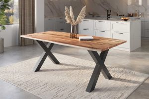 Baumkantentisch Akazie natur mit schwarzen Resin-Adern 200 x 100 cm X-Gestell schwarz POLLY