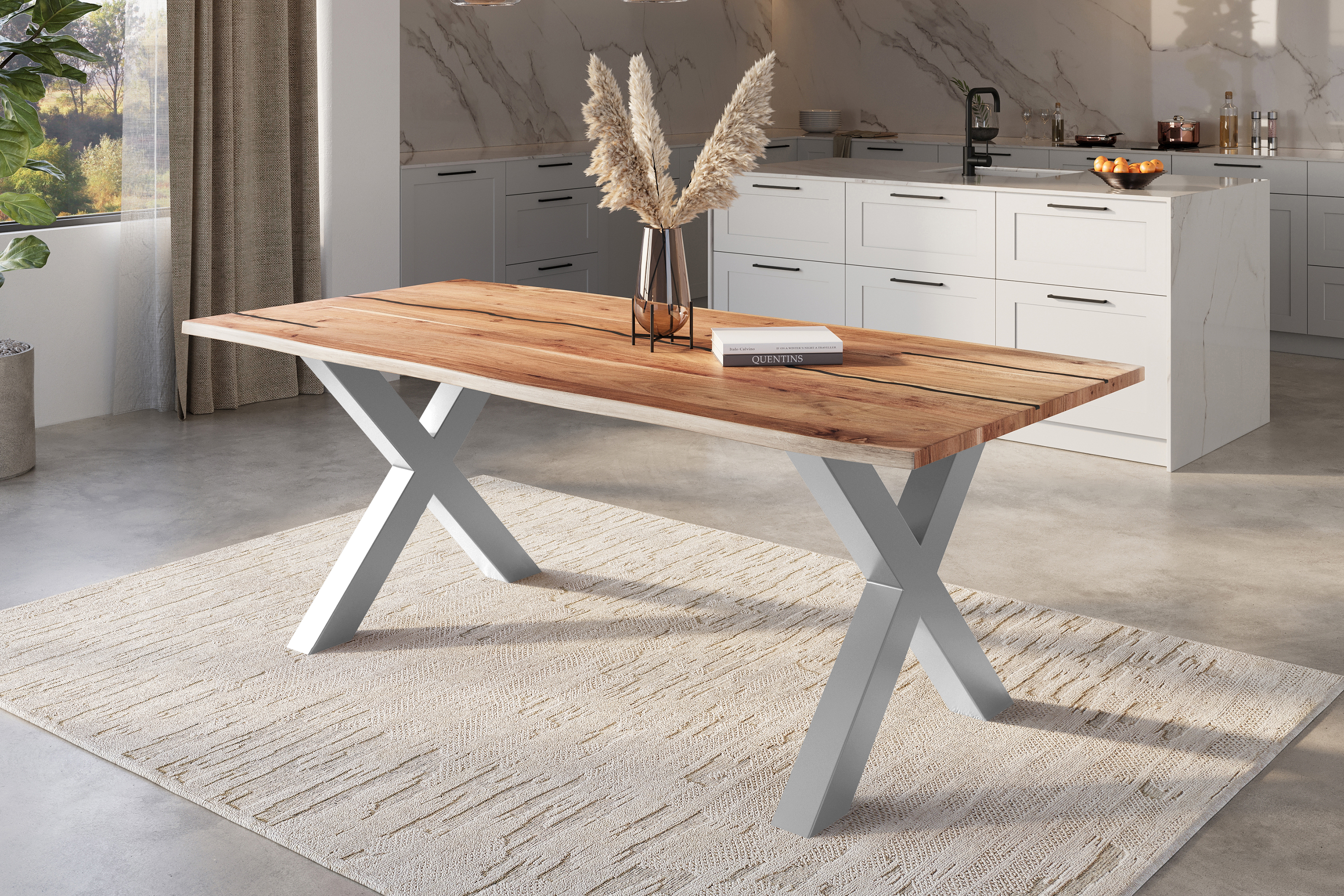 Baumkantentisch Akazie natur mit schwarzen Resin-Adern 200 x 100 cm X-Gestell silber POLLY