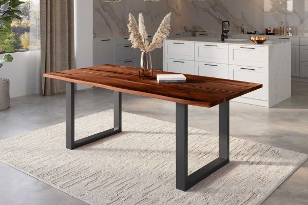 Baumkantentisch Akazie nussbaum mit schwarzen Resin-Adern 240 x 100 cm U-Gestell schwarz POLLY