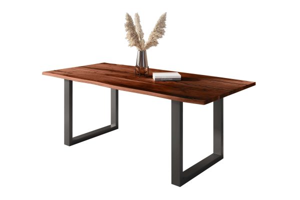 Baumkantentisch Akazie nussbaum mit schwarzen Resin-Adern 240 x 100 cm U-Gestell schwarz POLLY