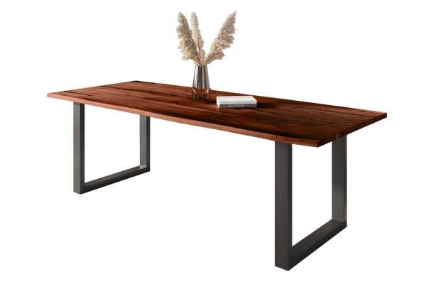 Baumkantentisch Akazie nussbaum mit schwarzen Resin-Adern 300 x 100 cm U-Gestell schwarz POLLY