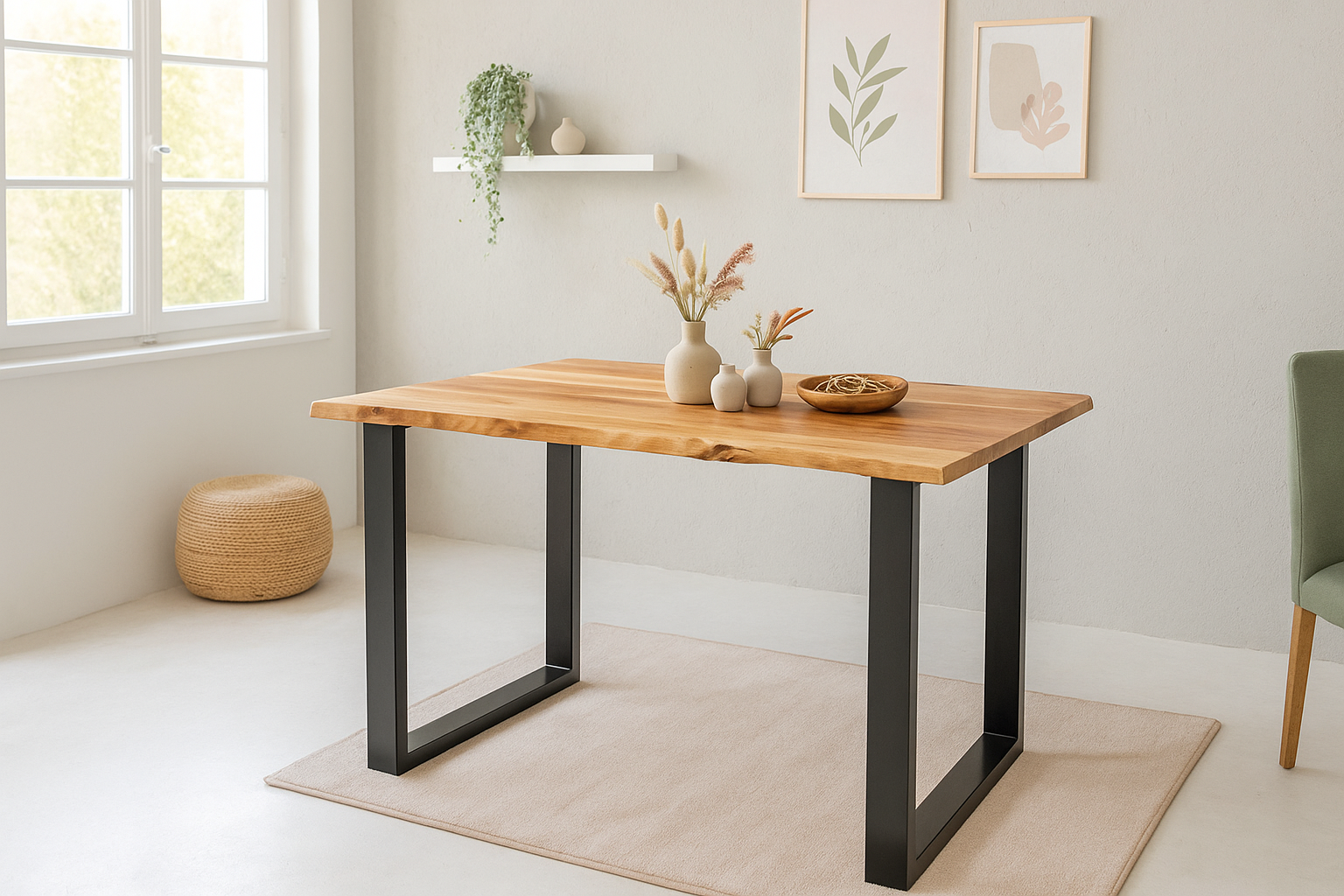 Esstisch Baumkante 140 x 80 cm massiv Akazie natur U-Gestell schwarz QUINN
