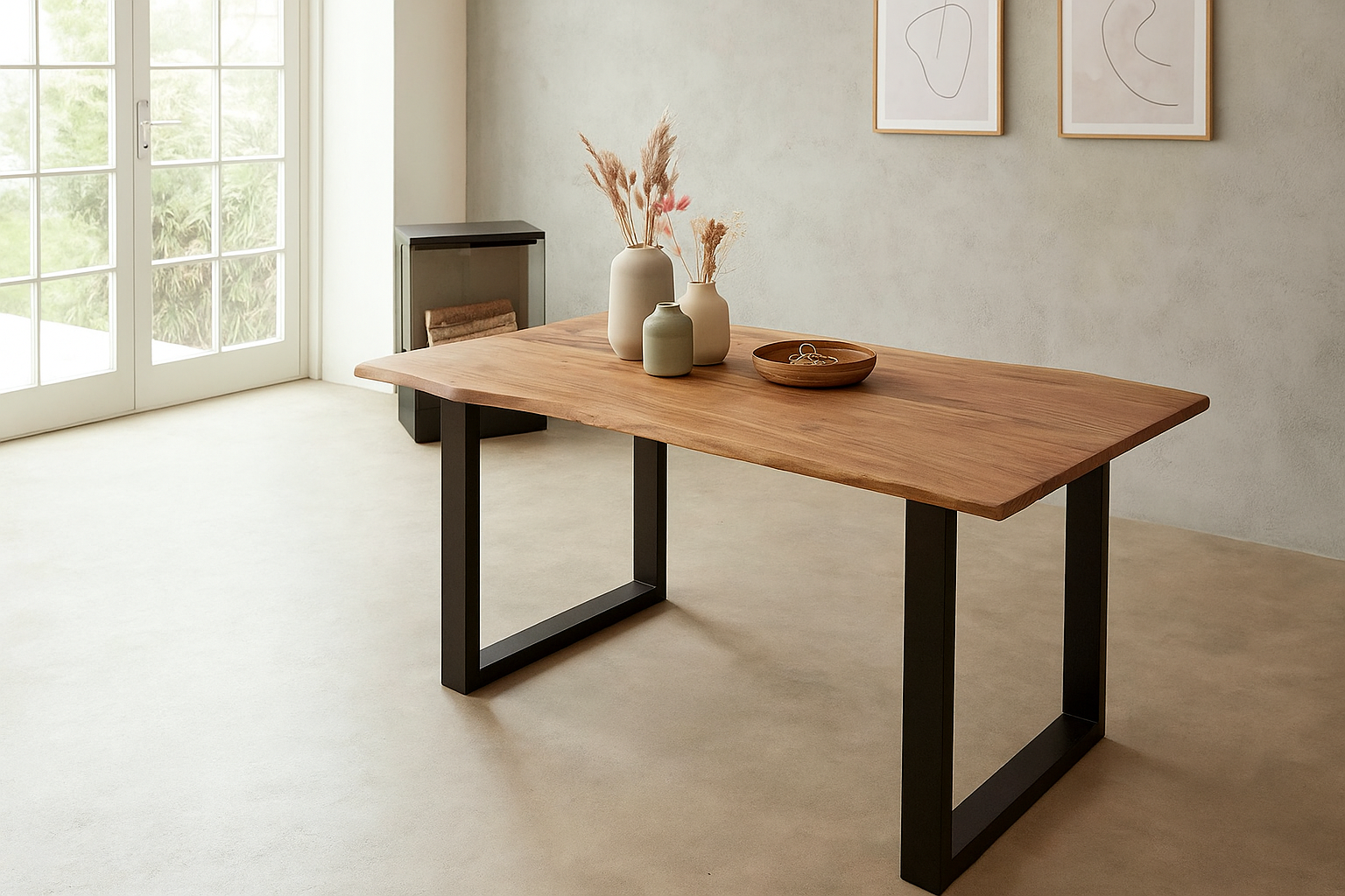 Esstisch Baumkante 180 x 90 cm massiv Akazie natur U-Gestell schwarz QUINN
