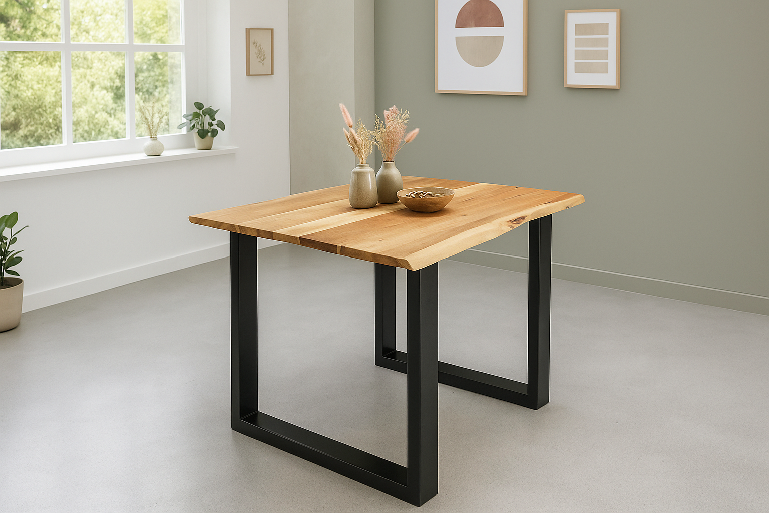 Esstisch Baumkante 80 x 80 cm massiv Akazie natur U-Gestell schwarz QUINN