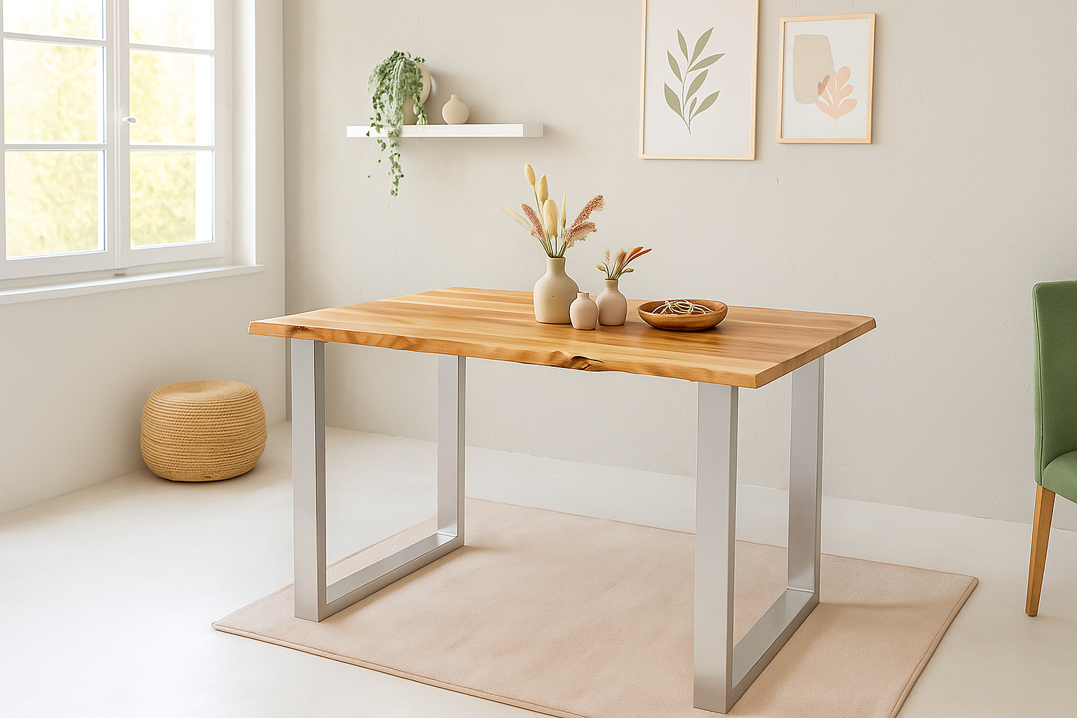 Esstisch Baumkante 140 x 80 cm massiv Akazie natur U-Gestell silber QUINTUS