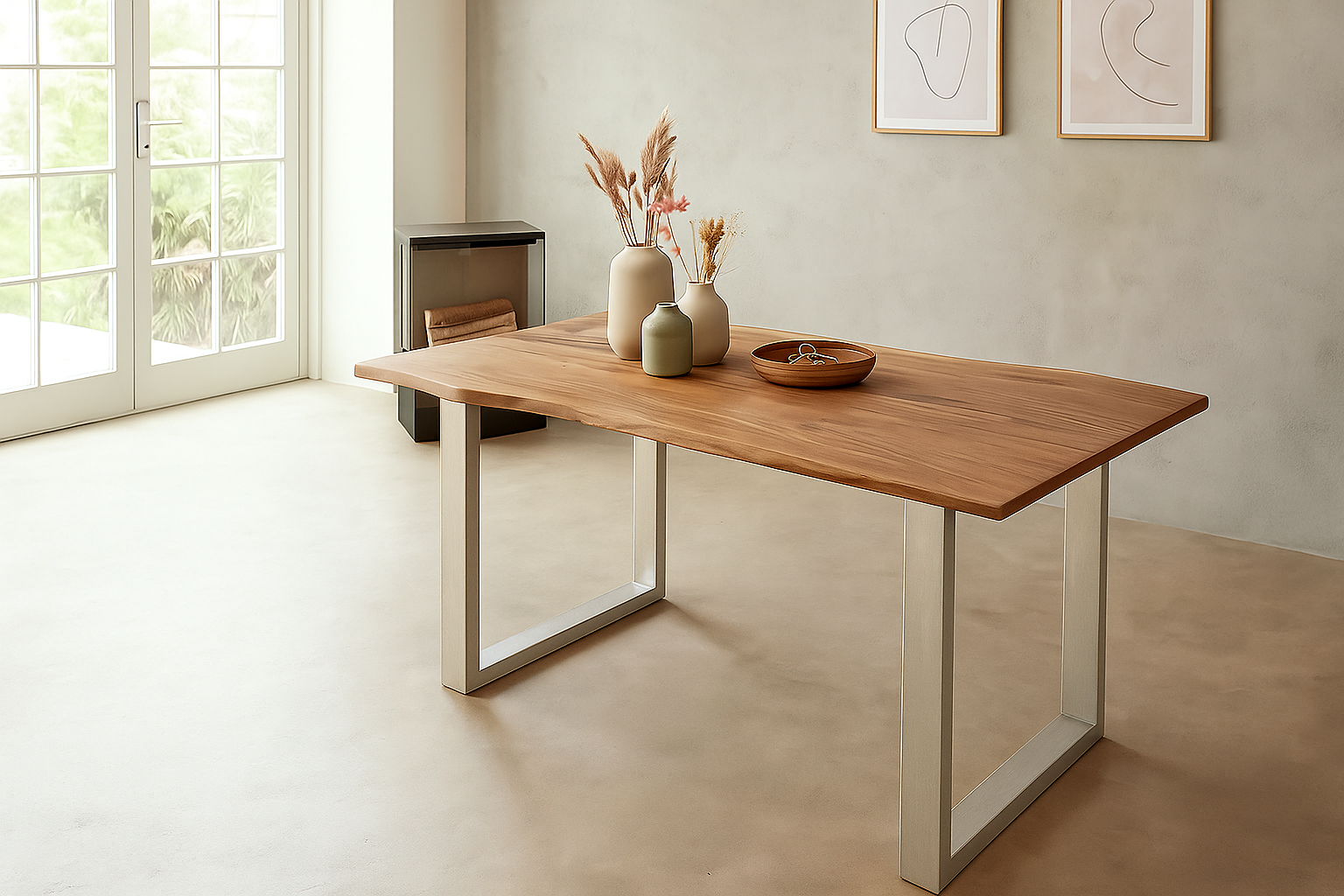 Esstisch Baumkante 240 x 100 cm massiv Akazie natur U-Gestell silber QUINN