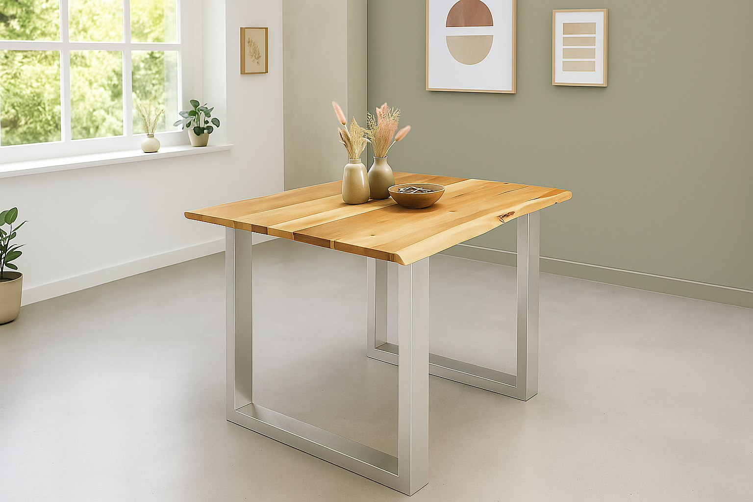 Esstisch Baumkante 80 x 80 cm massiv Akazie natur U-Gestell silber QUINN