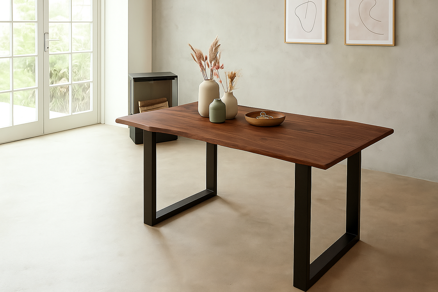 Esstisch Baumkante 180 x 90 cm massiv Akazie nussbaum U-Gestell schwarz QUINN