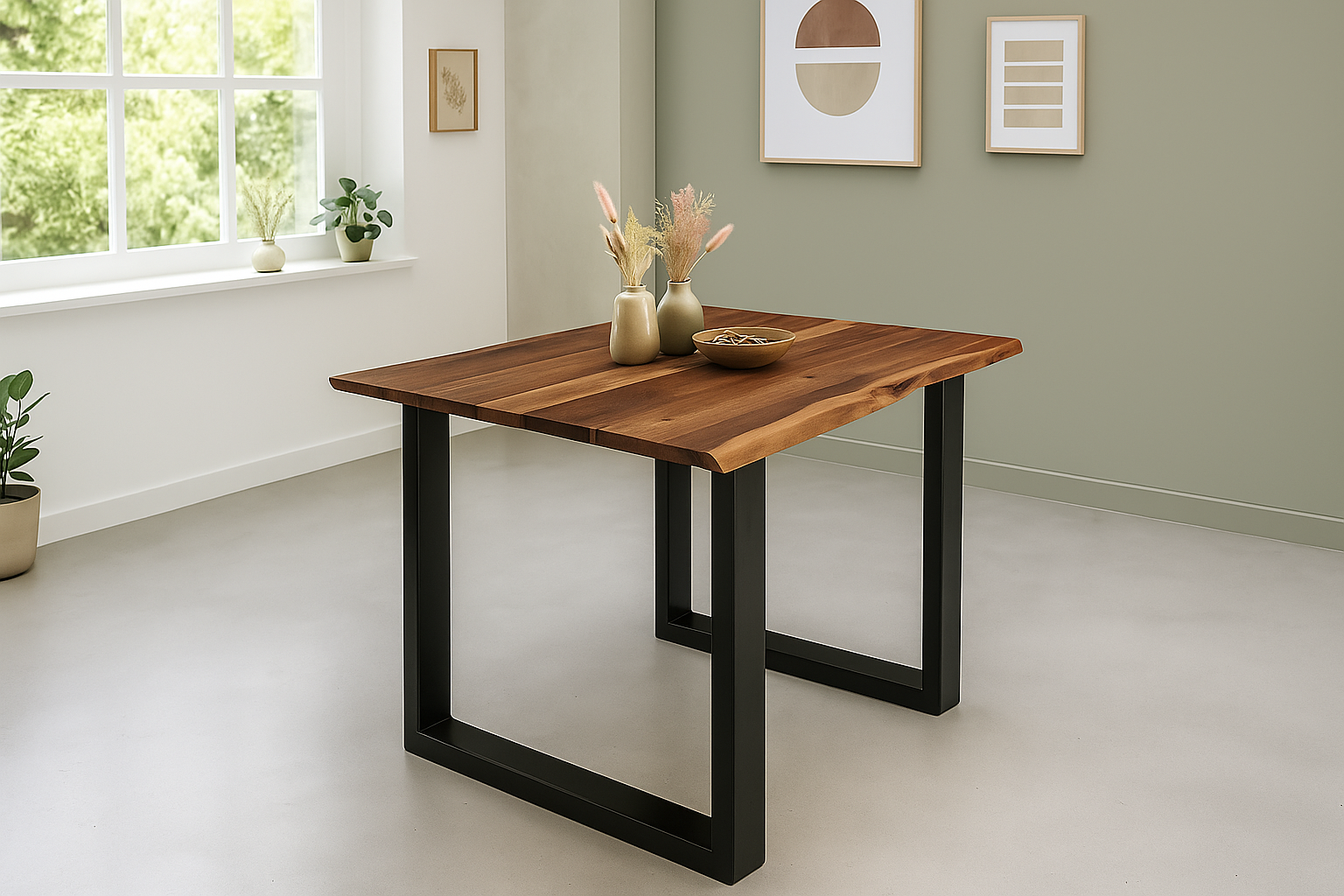 Esstisch Baumkante 90 x 90 cm massiv Akazie nussbaum U-Gestell schwarz QUINN