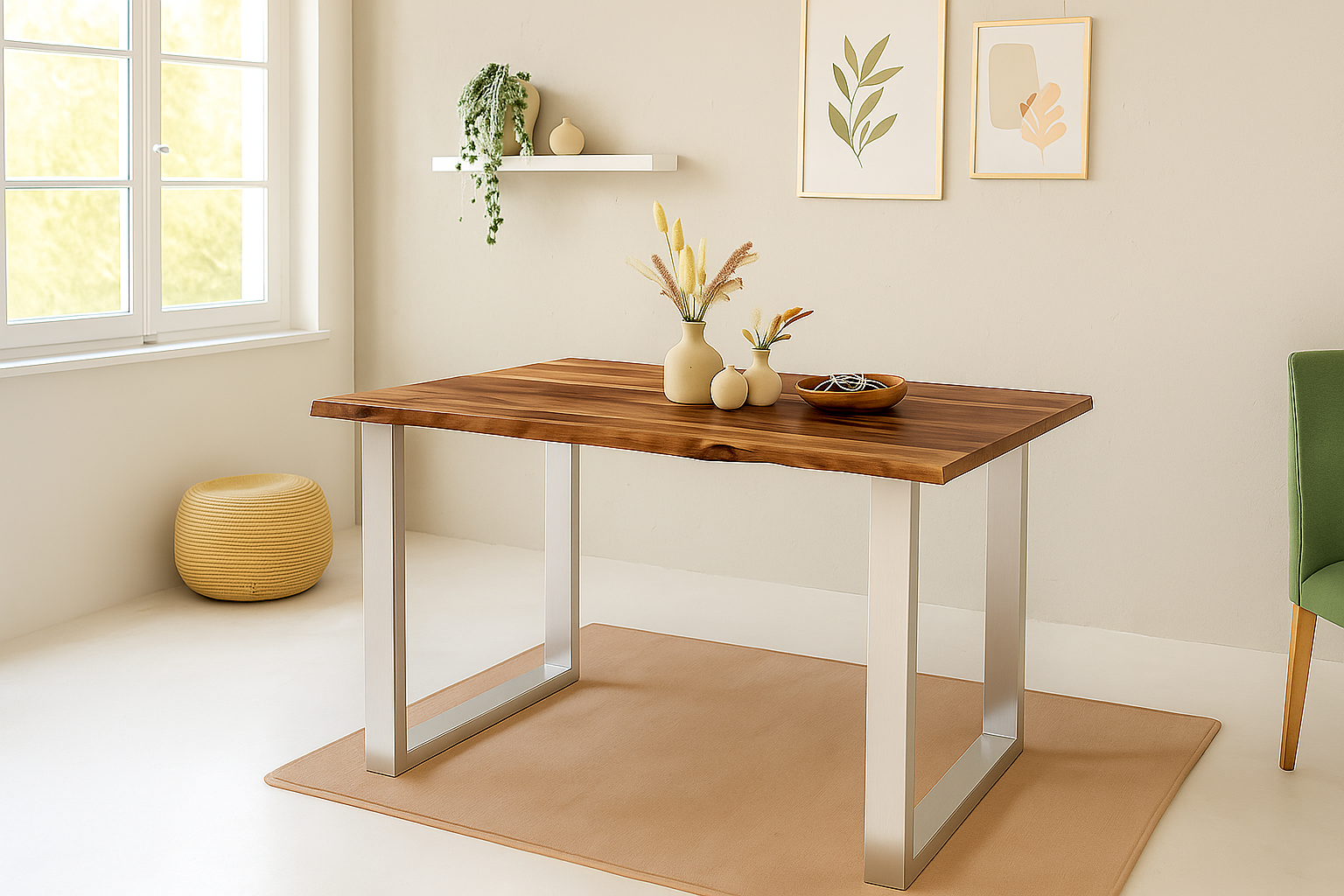 Esstisch Baumkante 140 x 80 cm massiv Akazie nussbaum U-Gestell silber QUINN