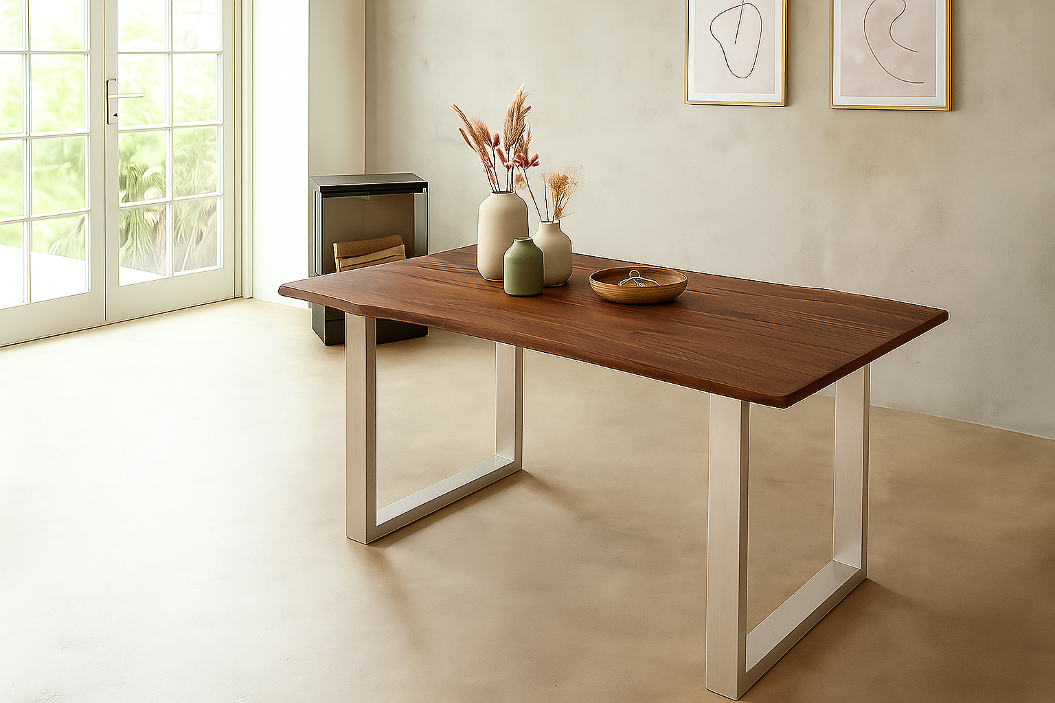 Esstisch Baumkante 180 x 90 cm massiv Akazie nussbaum U-Gestell silber QUINN