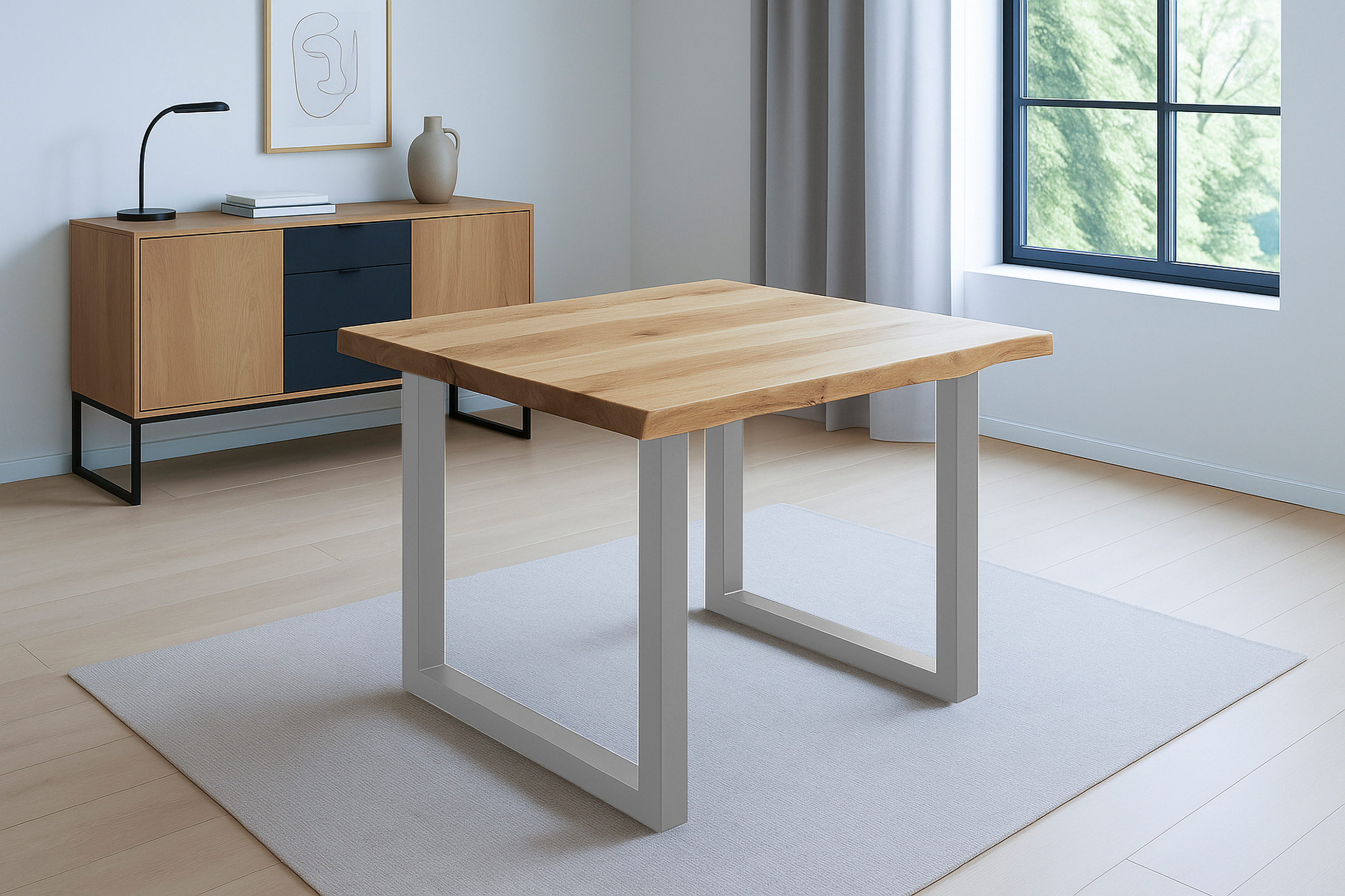 Esstisch Baumkante 80 x 80 cm Wildeiche U-Gestell silber SERRA