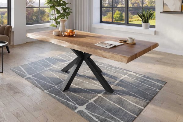 Baumkantentisch 220 x 110 cm Esstisch massiv Akazie Natur Spider-Gestell Schwarz TITAN