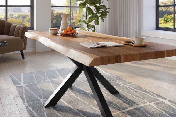 Baumkantentisch 220 x 110 cm Esstisch massiv Akazie Natur Spider-Gestell Schwarz TITAN