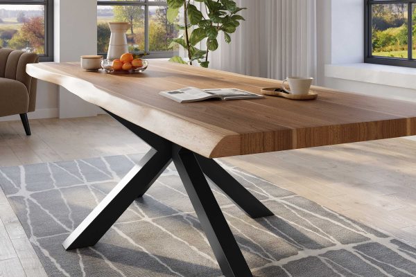 Baumkantentisch 260 x 110 cm Esstisch massiv Akazie Natur Spider-Gestell Schwarz TITAN