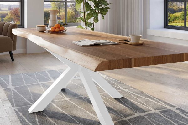 Baumkantentisch 260 x 110 cm Esstisch massiv Akazie Natur Spider-Gestell Weiß TITAN