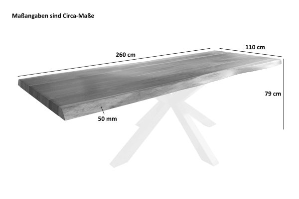 Baumkantentisch 260 x 110 cm Esstisch massiv Akazie Natur Spider-Gestell Weiß TITAN