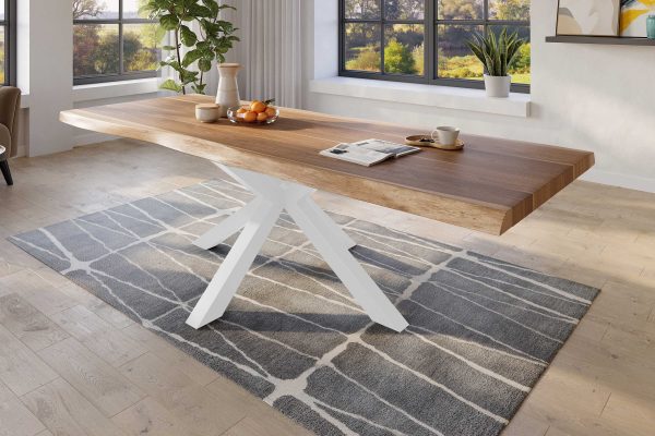 Baumkantentisch 280 x 110 cm Esstisch massiv Akazie Natur Spider-Gestell Weiß TITAN