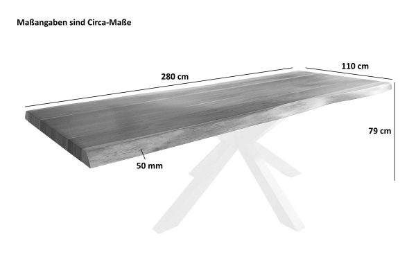 Baumkantentisch 280 x 110 cm Esstisch massiv Akazie Natur Spider-Gestell Weiß TITAN