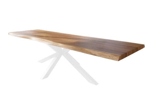 Baumkantentisch 300 x 110 cm Esstisch massiv Akazie Natur Spider-Gestell Weiß TITAN