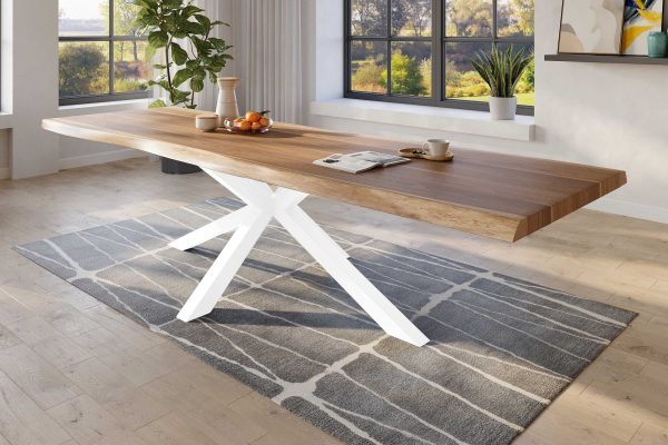 Baumkantentisch 300 x 110 cm Esstisch massiv Akazie Natur Spider-Gestell Weiß TITAN