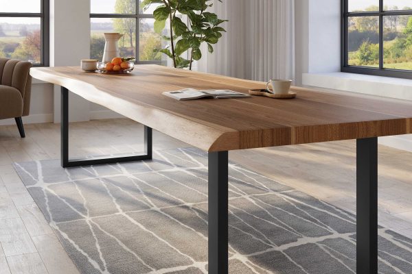 Baumkantentisch 320 x 120 cm Esstisch massiv Akazie Natur U-Gestell Schwarz TITAN