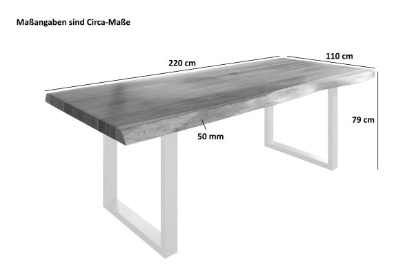 Baumkantentisch 220 x 110 cm Esstisch massiv Akazie Natur U-Gestell Weiß TITAN
