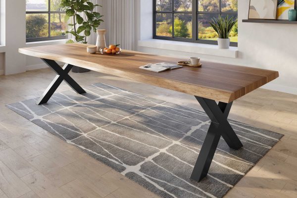 Baumkantentisch 300 x 110 cm Esstisch massiv Akazie Natur X-Gestell Schwarz TITAN