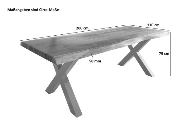 Baumkantentisch 200 x 110 cm Esstisch massiv Akazie Natur X-Gestell Silber TITAN