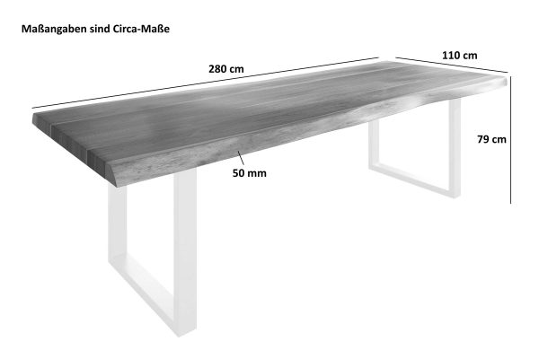 Baumkantentisch 280 x 110 cm Esstisch massiv Akazie Nussbaum U-Gestell Weiß TITAN