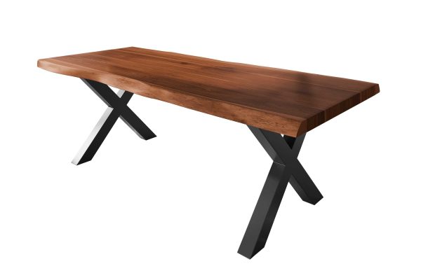 Baumkantentisch 220 x 110 cm Esstisch massiv Akazie Nussbaum X-Gestell Schwarz TITAN