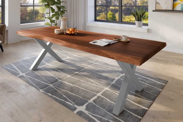 SAM NEU Esszimmer Baumkante Tische Titan Nuss X Gestell Silber 260x120 ML Titan 260 nuss X silber 02 scaled