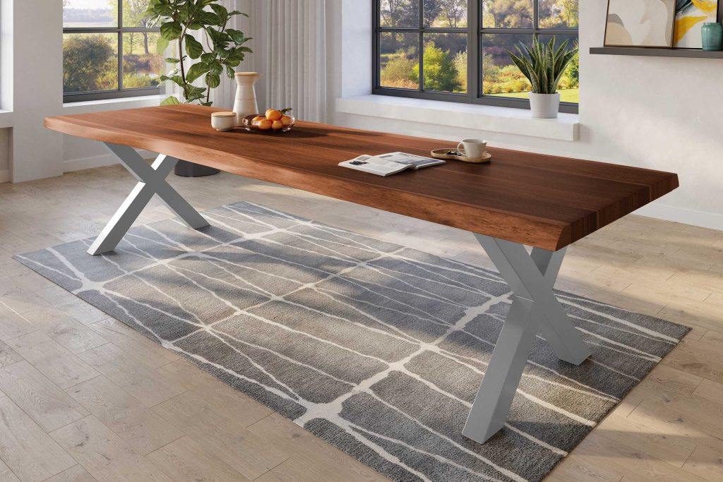 SAM_NEU-Esszimmer-Baumkante-Tische-Titan-Nuss-X-Gestell-Silber-300×120-ML_Titan_300_nuss_X_silber_02