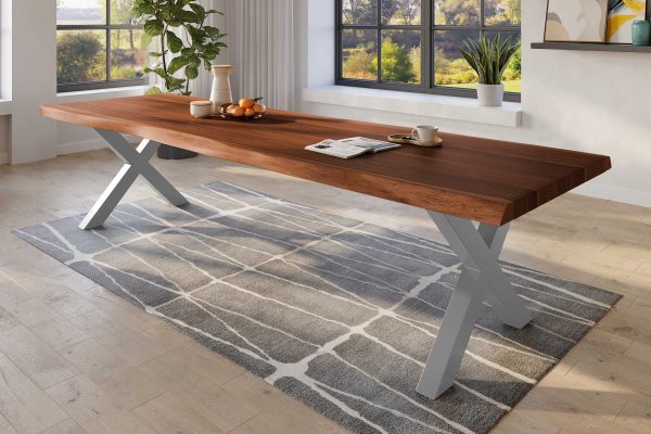 SAM NEU Esszimmer Baumkante Tische Titan Nuss X Gestell Silber 300x120 ML Titan 300 nuss X silber 02 scaled