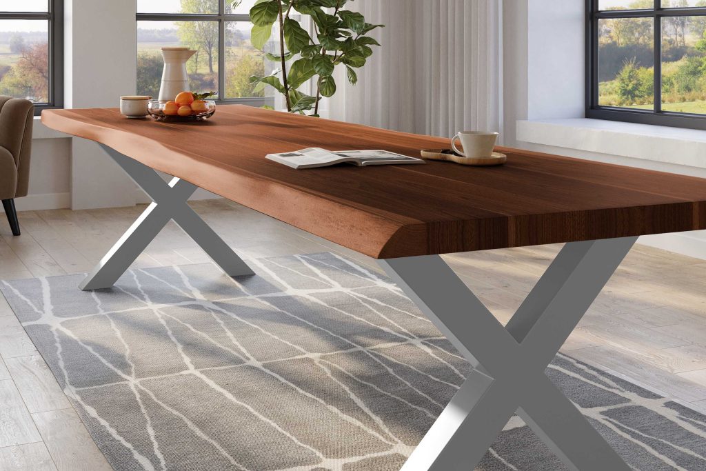 SAM_NEU-Esszimmer-Baumkante-Tische-Titan-Nuss-X-Gestell-Silber-300×120-ML_Titan_300_nuss_X_silber_04